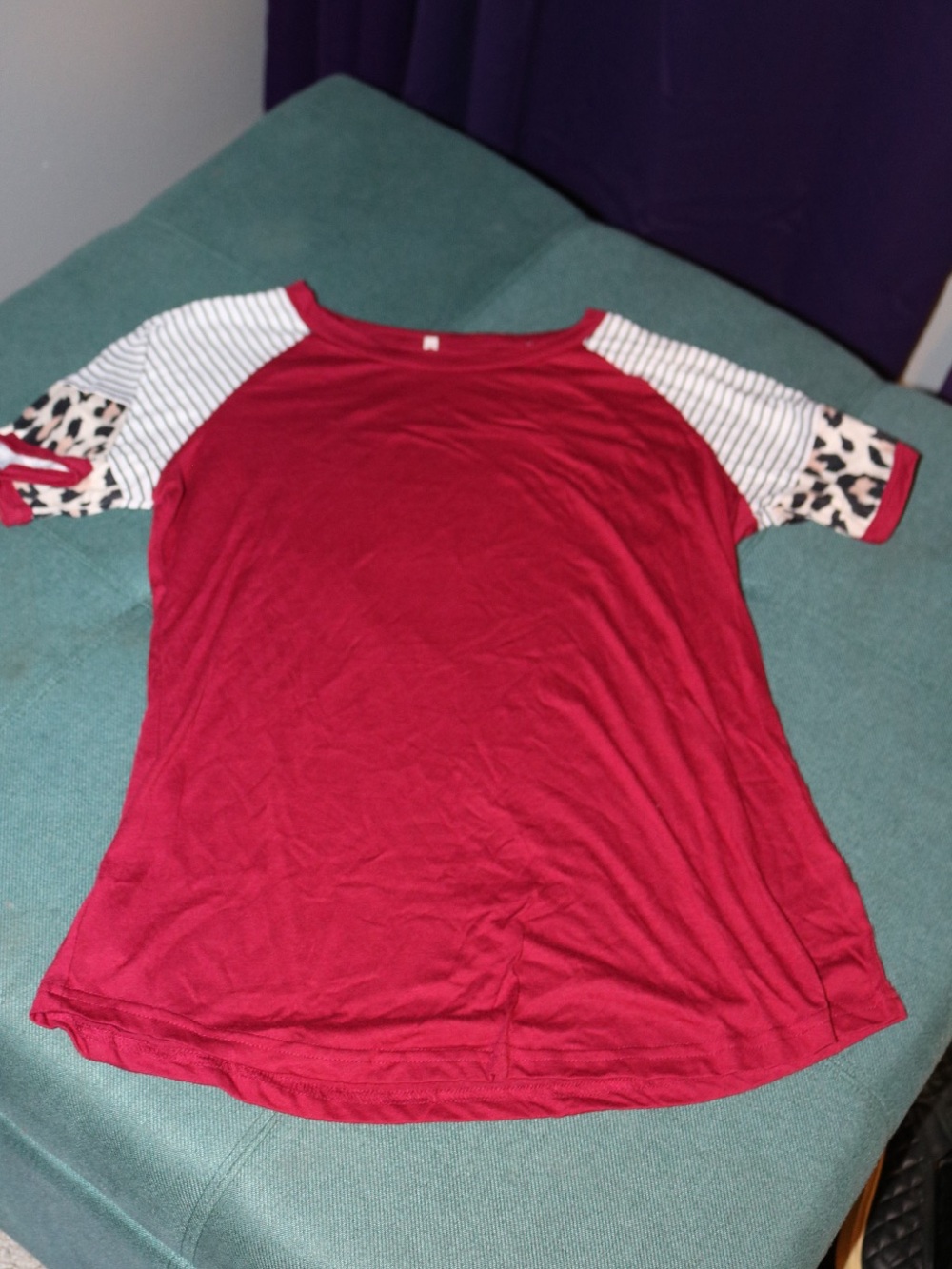 Women’s Red Raglan Sleeve Top with Striped and Leopard Accents